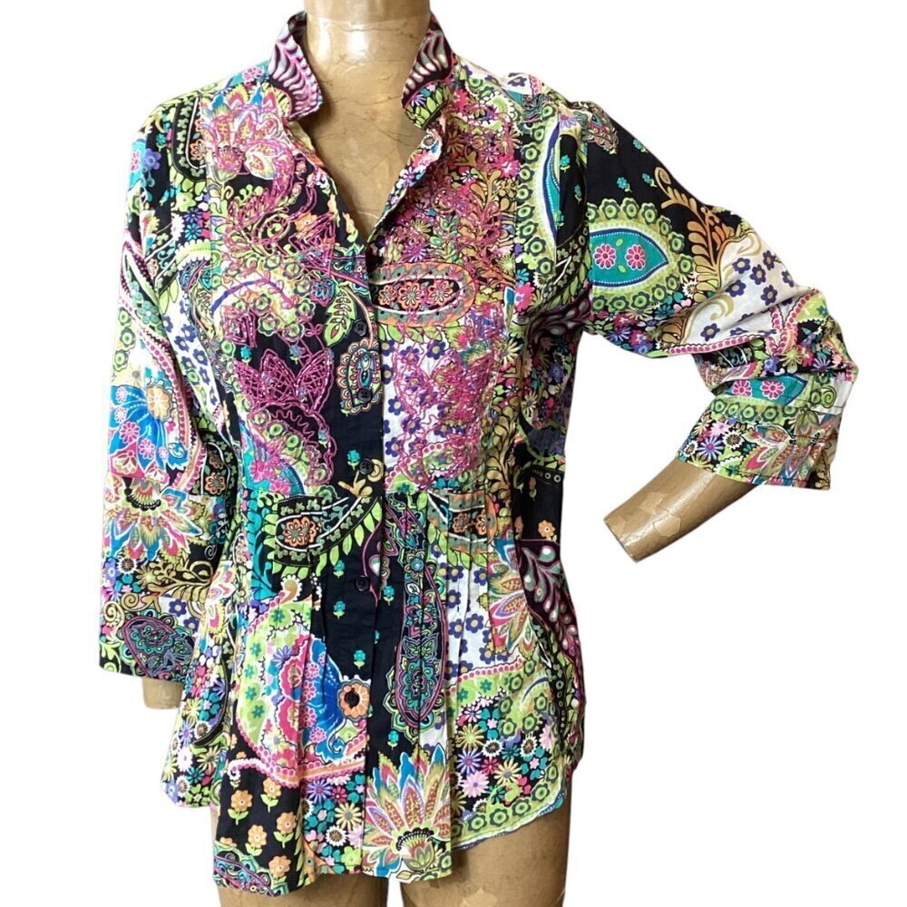 Bleu Bayou Boho Hippie Colorful Pleated Beaded‎ Cotton Top L #328D